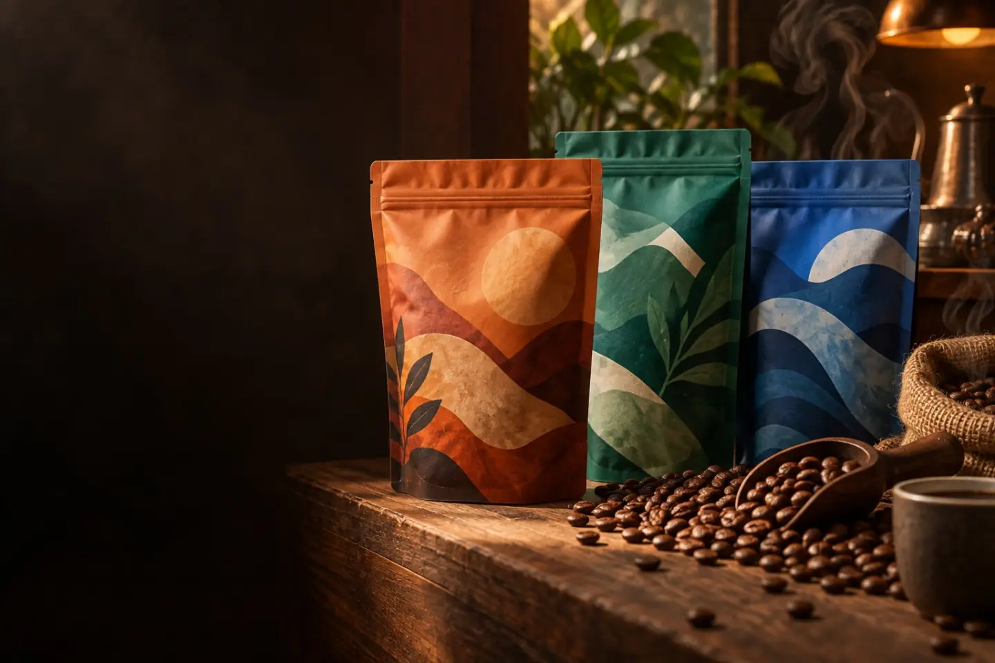 Printed flexible bags for coffee products